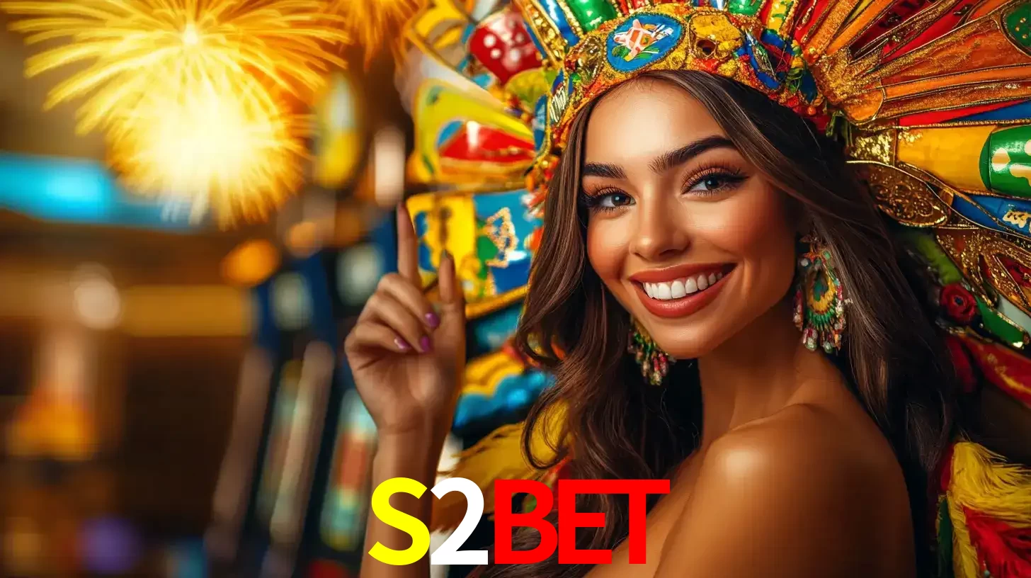 Mulher sorridente com um cocar de carnaval vibrante e colorido, celebrando uma grande vitória nos jogos do cassino S2BET com fogos de artifício ao fundo.