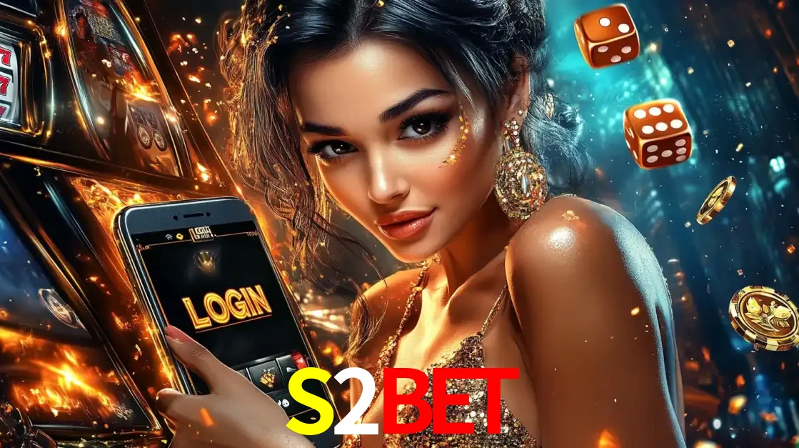 Mulher glamourosa segurando um celular com a tela de login do cassino S2BET, rodeada por dados e moedas douradas, pronta para começar a diversão.