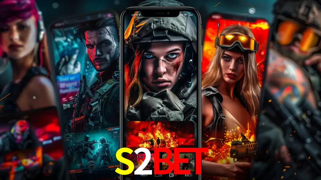 Montagem de telas de celular mostrando diversos personagens, masculinos e femininos, de um jogo de tiro, ilustrando a diversidade de equipes de e-sports para apostar no S2BET.