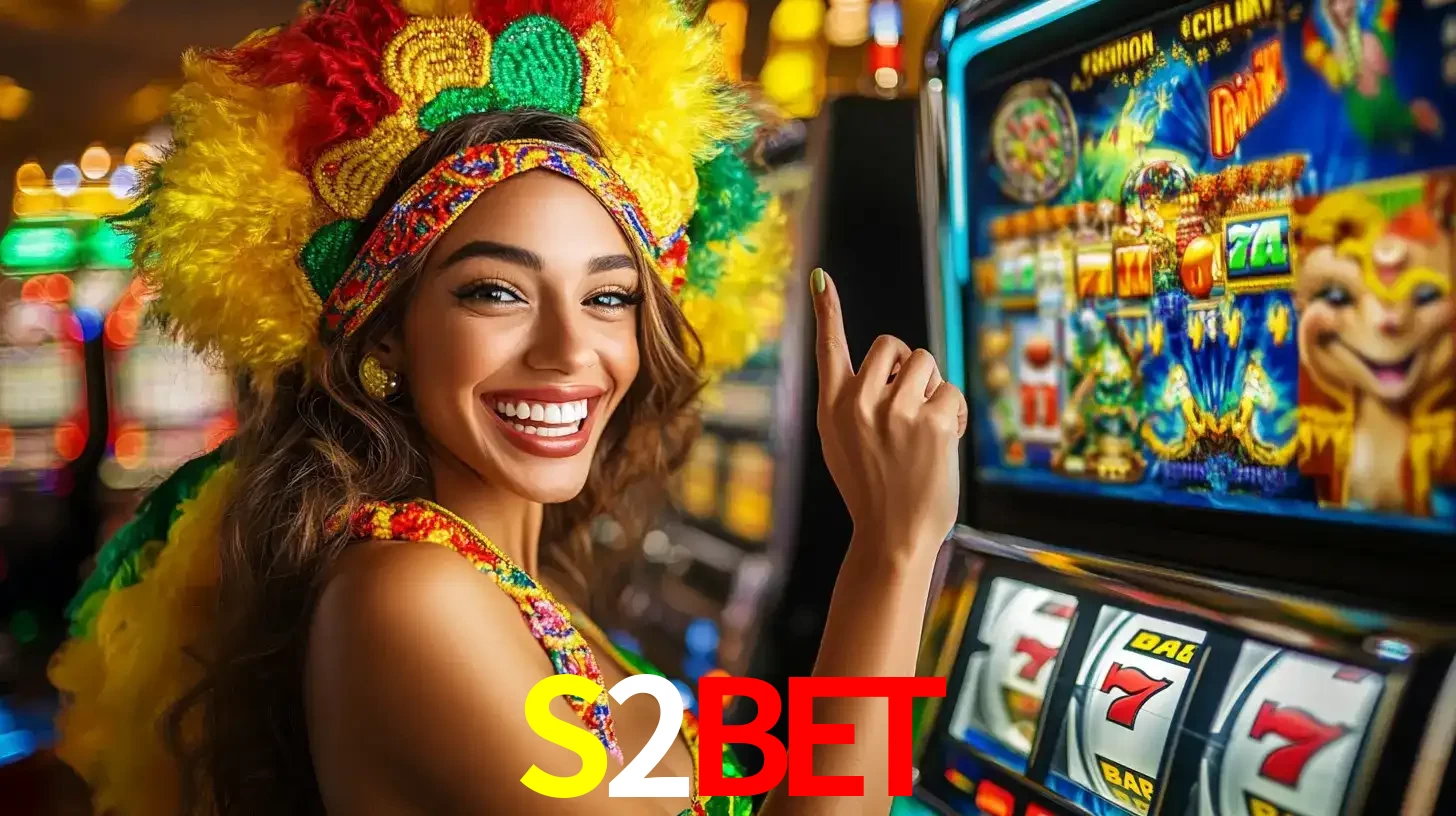 Mulher animada com um cocar de carnaval apontando para uma máquina de caça-níqueis, mostrando a emoção de ganhar um grande prêmio nos jogos do S2BET.