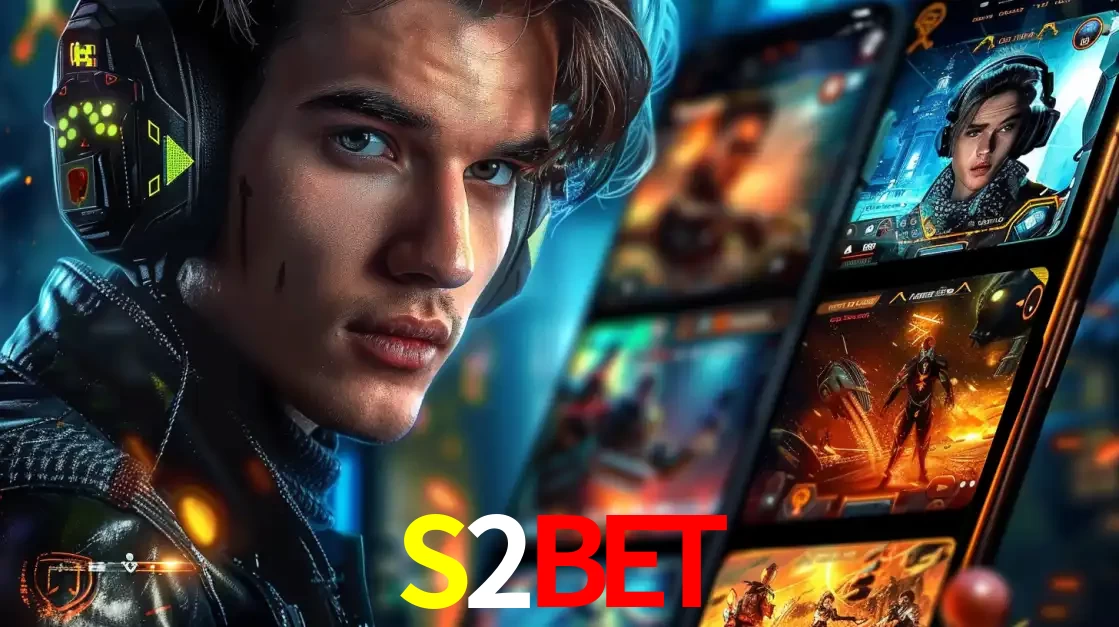 Jovem jogador com fones de ouvido olhando para a câmera, com um aplicativo de jogos e e-sports para celular ao fundo, pronto para a competição e apostas no S2BET.