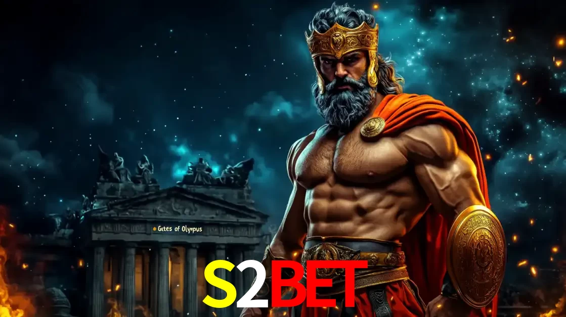 O poderoso Zeus do jogo de slot Gates of Olympus em frente ao seu templo, pronto para lançar multiplicadores divinos e prêmios épicos no cassino online S2BET.