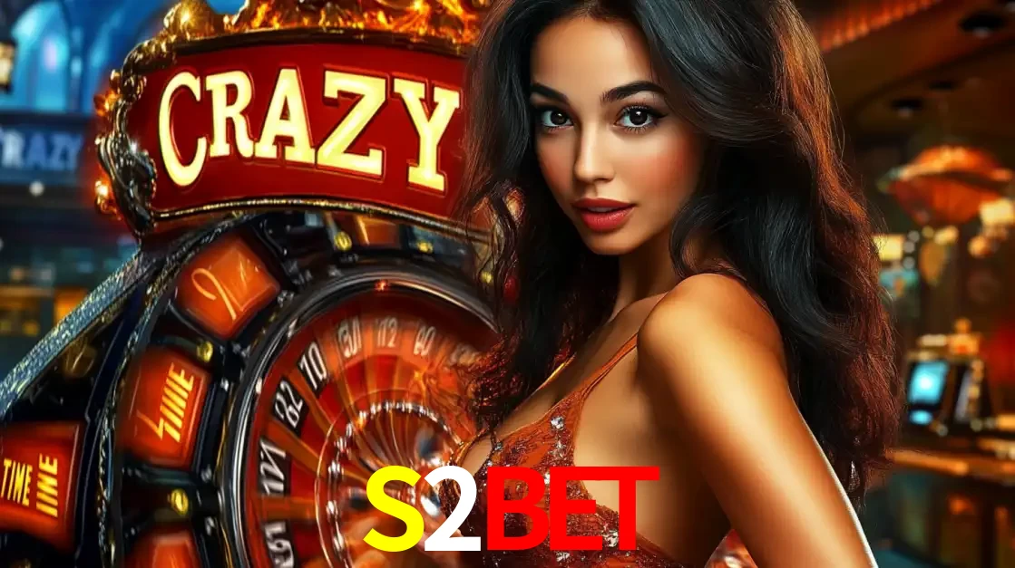 Mulher glamourosa olhando para a câmera com a roda vermelha do Crazy Time ao fundo em um ambiente de cassino, destacando a emoção dos jogos ao vivo no S2BET.