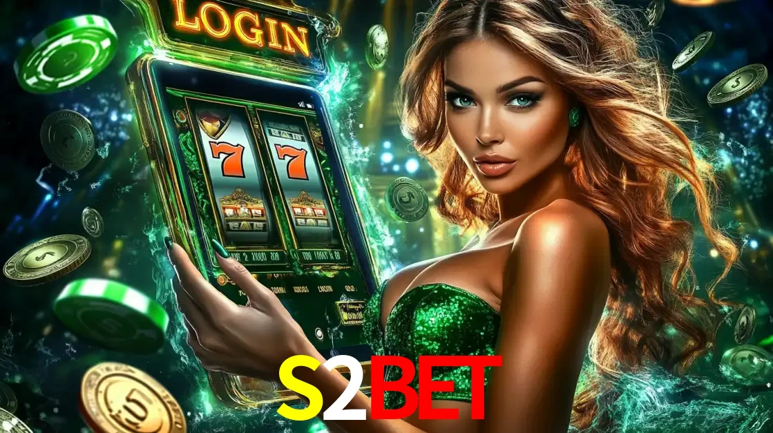 Mulher com tema verde apresentando o aplicativo do cassino S2BET com um jogo de slot de 777, cercada por fichas de cassino e uma aura de sorte.