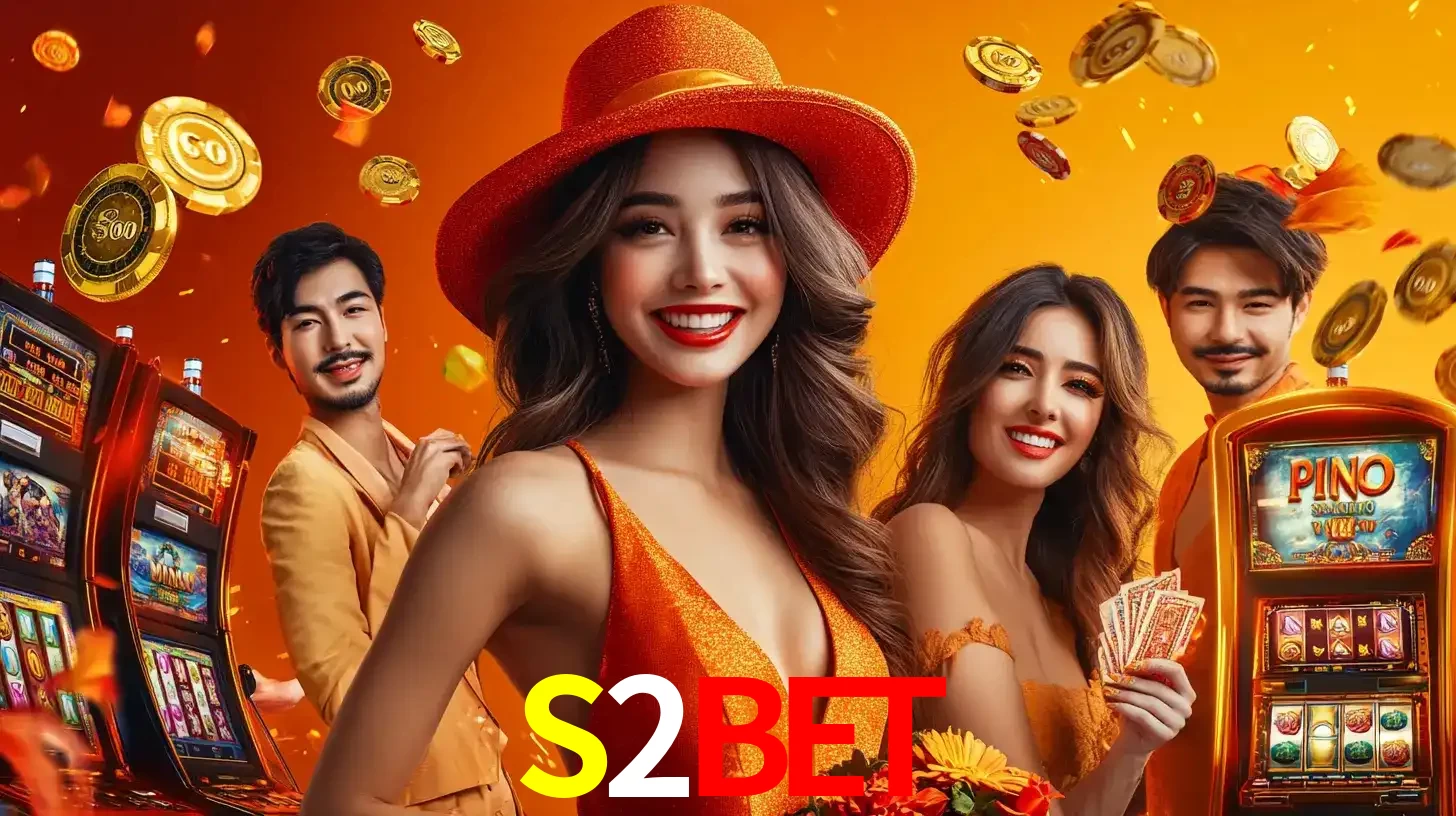 Grupo de amigos asiáticos sorrindo e se divertindo com máquinas de caça-níqueis em um ambiente festivo, celebrando suas vitórias nos jogos de cassino do S2BET.