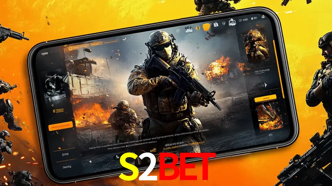 Um smartphone exibindo a interface de um jogo de tiro em primeira pessoa, com um soldado em um cenário de batalha, representando a ação dos e-sports para apostar no S2BET.