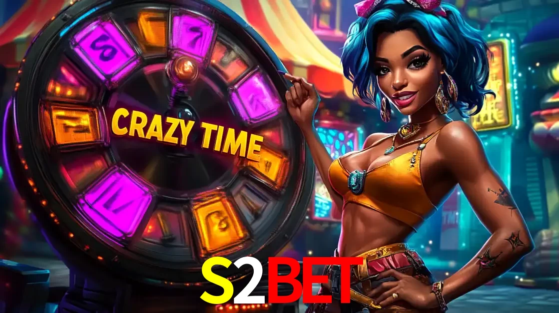 Mulher estilizada com cabelo azul e visual vibrante posando ao lado da roda de prêmios do game show Crazy Time, convidando para a diversão e os bônus do cassino S2BET.