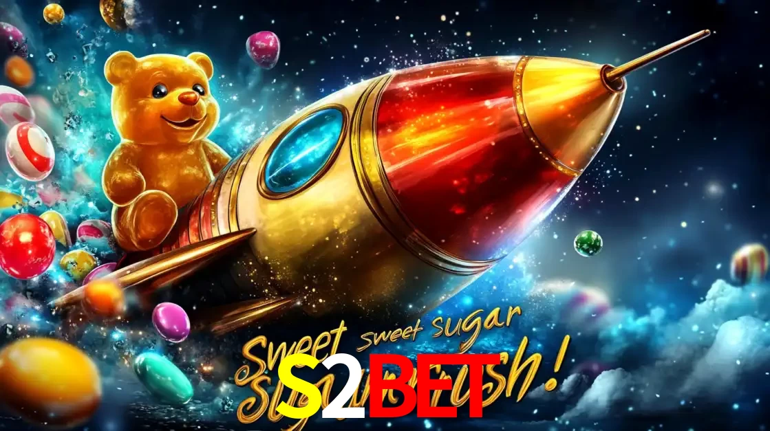 Arte promocional do jogo de slot Sugar Rush, com um urso de pelúcia em um foguete viajando pelo espaço de doces, um dos jogos divertidos disponíveis no cassino S2BET.