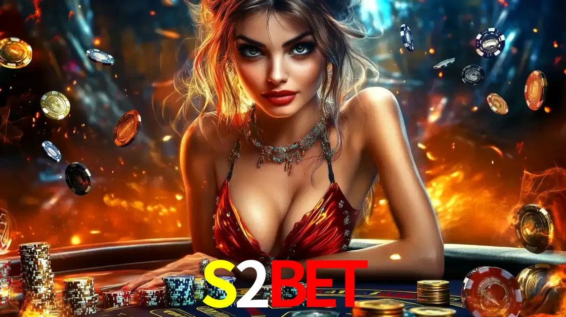 Mulher em uma mesa de cassino com pilhas de fichas e um fundo de fogo, pronta para uma rodada de altas apostas nos jogos de mesa emocionantes do cassino S2BET.