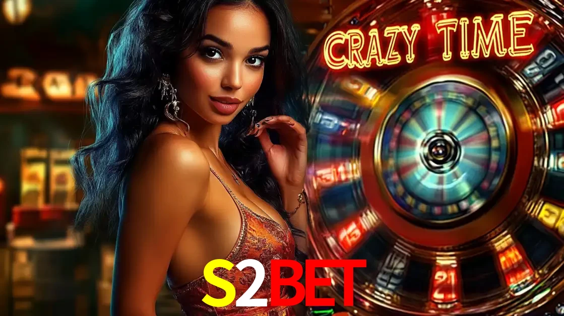 Mulher elegante ao lado da vibrante roda da fortuna do jogo de cassino ao vivo Crazy Time, um dos game shows mais populares e cheios de prêmios do S2BET.