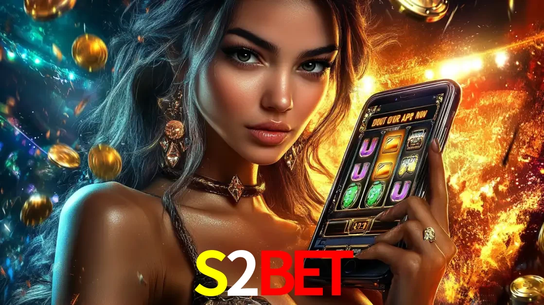 Mulher elegante mostrando um jogo de caça-níqueis em seu smartphone, destacando a experiência de cassino móvel oferecida pelo aplicativo S2BET.