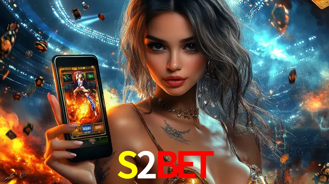 Mulher segurando um celular com um jogo de slot em destaque, tendo como fundo um estádio vibrante, simbolizando a emoção de jogar no cassino móvel S2BET.