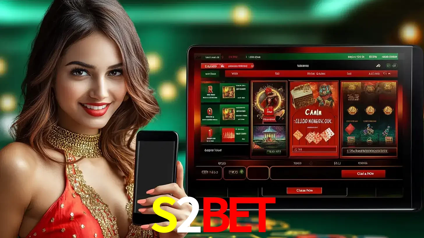 Mulher sorridente segurando um smartphone, ao lado de uma tela exibindo o lobby de jogos do cassino online S2BET, com várias opções de jogos de cartas e slots.